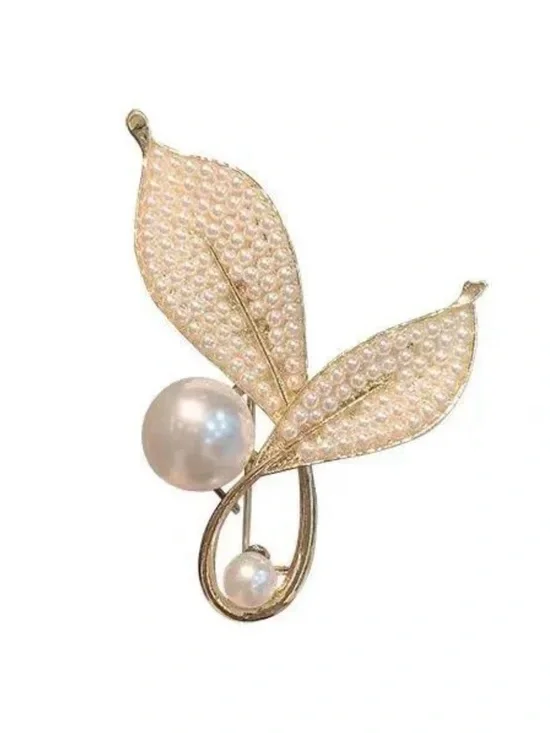 Elegant Pearl Leaf Brooch — Gold-Tone with Ivory Pearls HAND MADE VINTAGE NEW - Picture 3 of 16